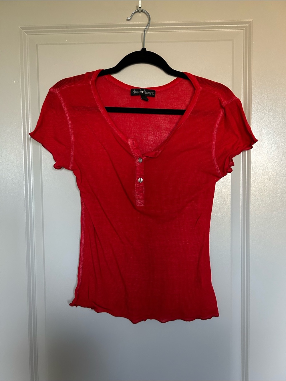 Derek Heart Y2K 2000s Red Short Sleeve Henley Seethrough Top